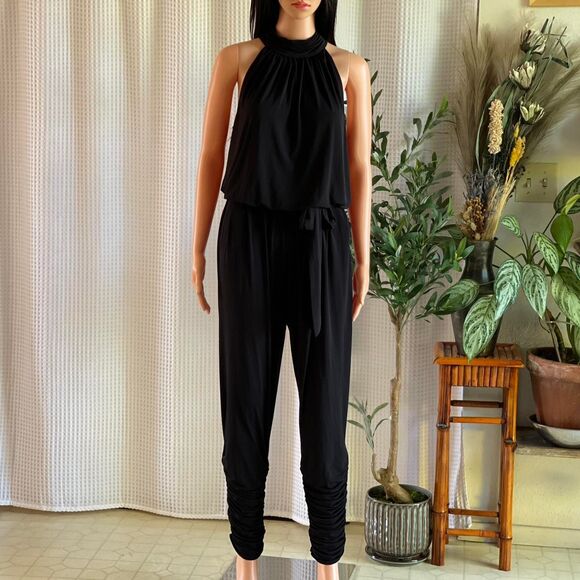 NWT Catherine Malandrino Black Halter Jumpsuit Romper Ruched Neck Maxi Size L - Picture 2 of 8